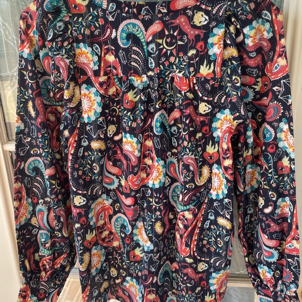LOFT XS Boho Paisley Celestial Blouse 🌙✨ Tie Neck Peasant Top